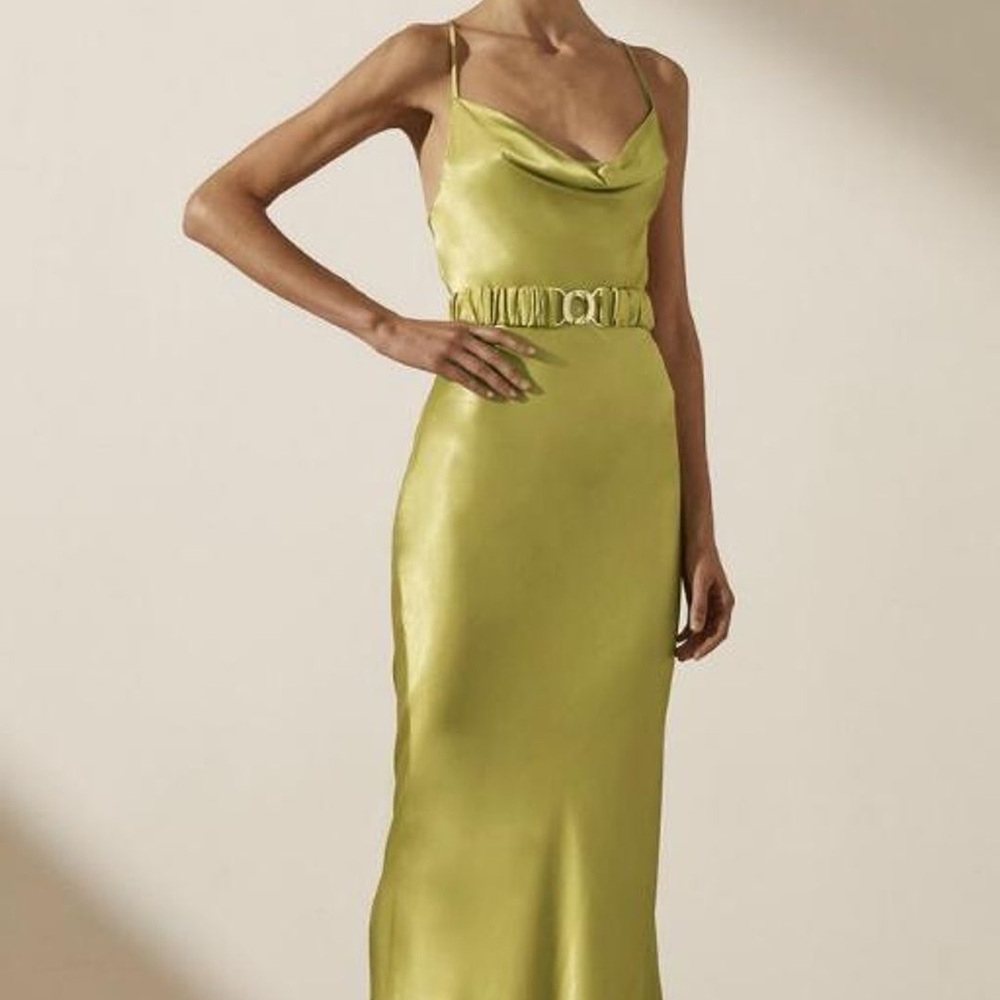 SHONA JOY - GALA BIAS COWL MIDI DRESS WITH BELT- LIME SIZE 2